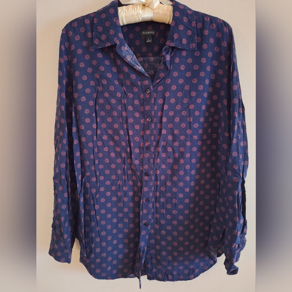 Talbots Blue and Pink Polka Dot Button Down Shirt